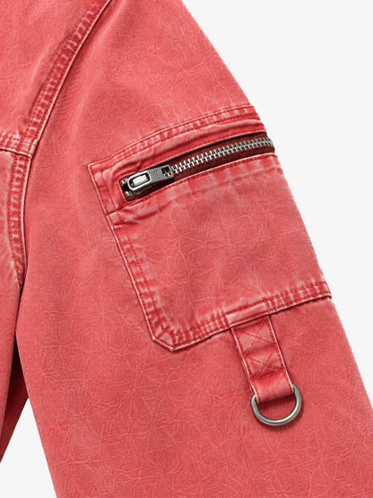 Washed Multi-Pocket Cropped Boxy Biker Jacket