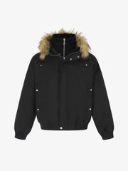 Deconstructed Layered Hooded Faux-Fur Collar Puffer Jacket