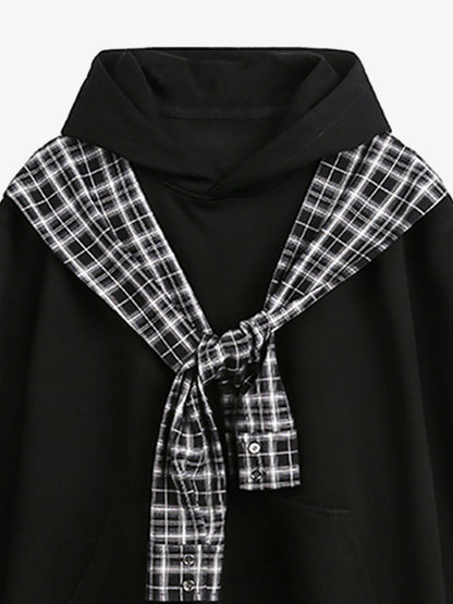 Stylish Plaid-Trimmed Hoodie with Sailor Collar Design for Women 
