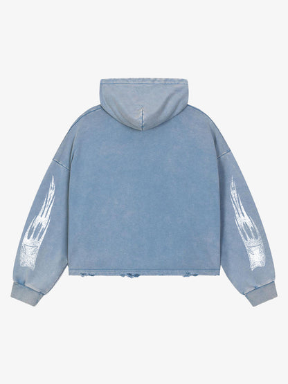 Racing Letter Flame Graphic Distressed Cropped Hoodie