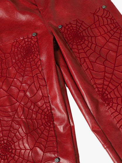 Faux Leather Wide Leg Pants with Spiderweb Embossed Pockets - Edgy Fashion Statement 