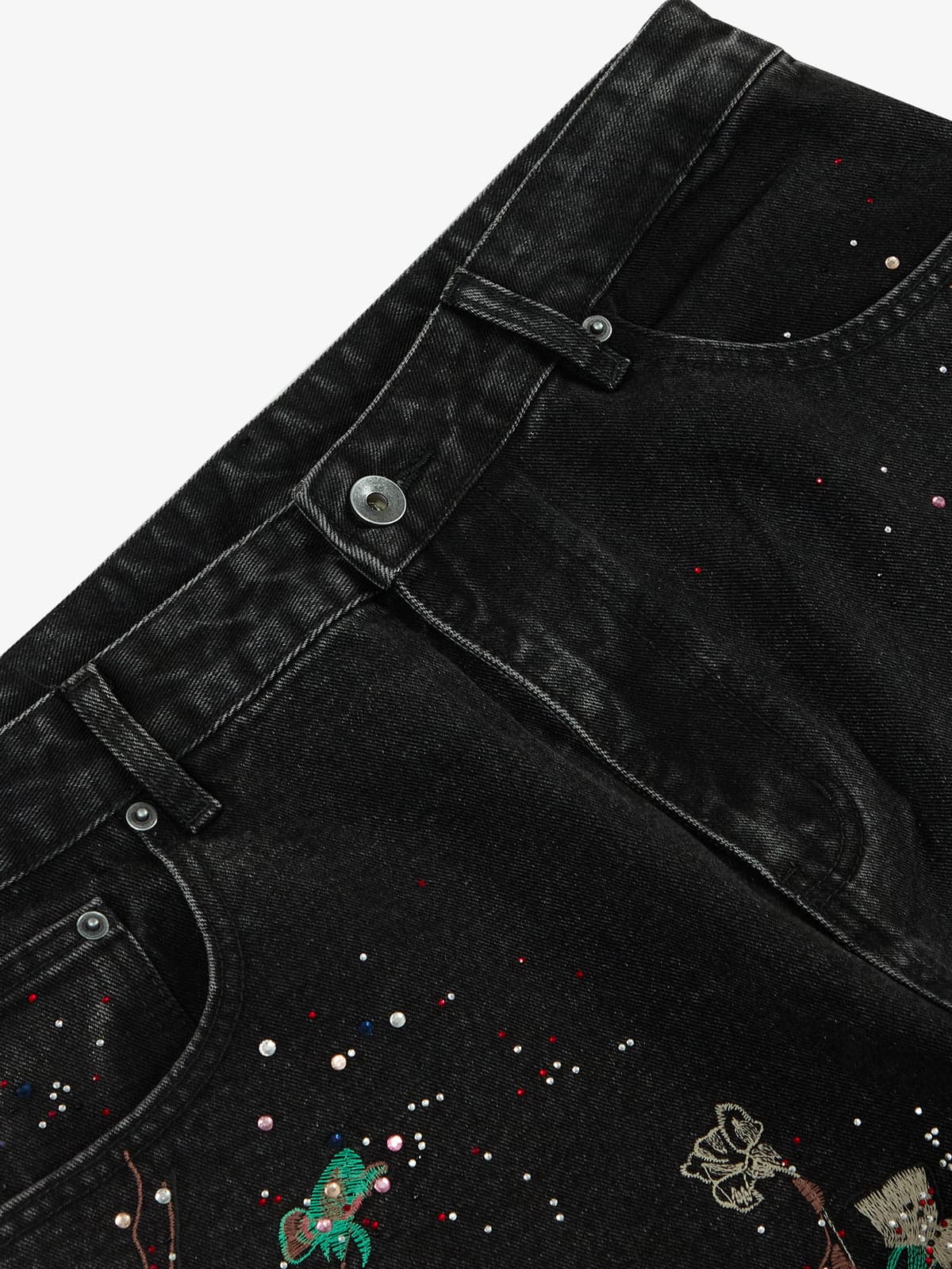 Vintage Floral Embroidery Rhinestone Straight Jeans 