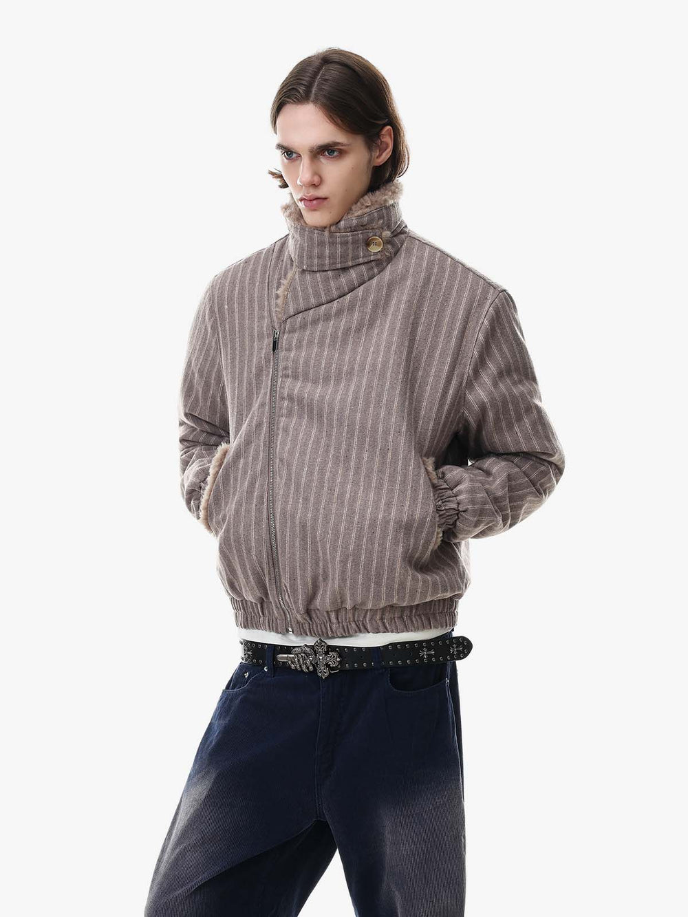 Striped Stand-Collar Padded Coat