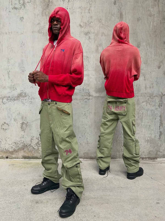 Red Ombré Washed Waffle Zip-Up Hoodie