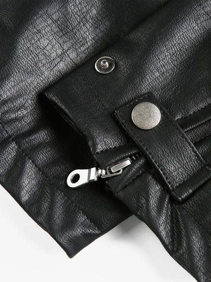 Vintage Embroidered PU Leather Lapel Jacket 