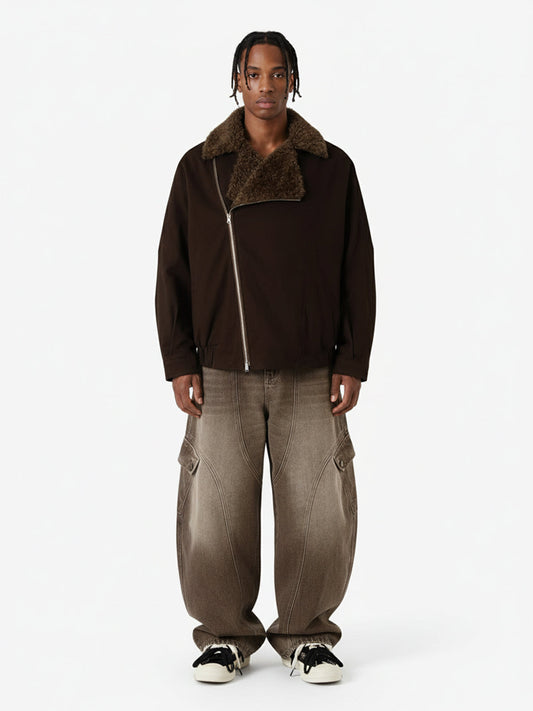 Street Punk Oblique Zipper Lambswool Collar Quilted Jacket 