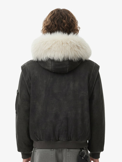 Washed Patchwork Contrast Bomber Jacket 