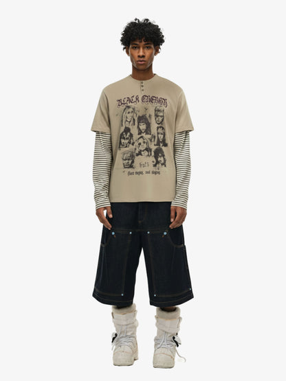 Vintage Band Portrait Graphic Layered Henley T-Shirt