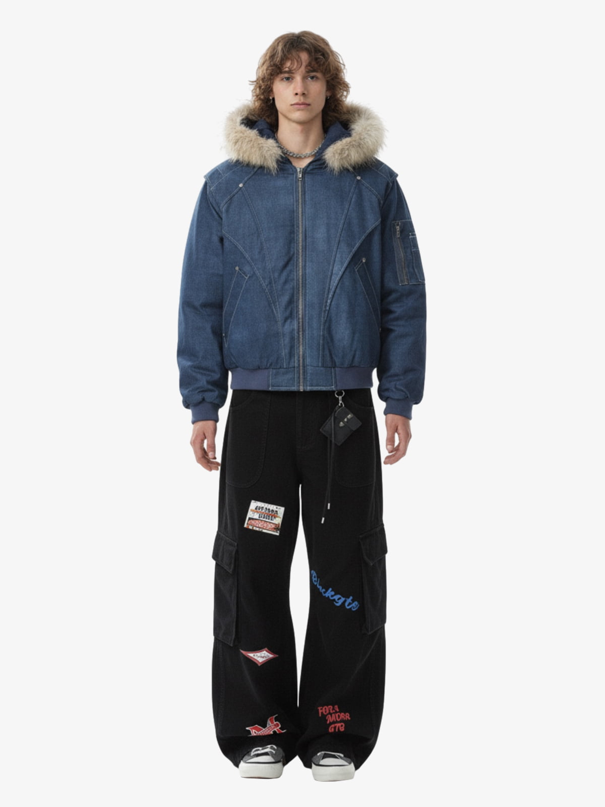 Washed Patchwork Contrast Bomber Jacket 