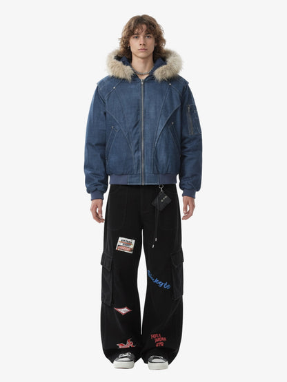 Washed Patchwork Contrast Bomber Jacket 