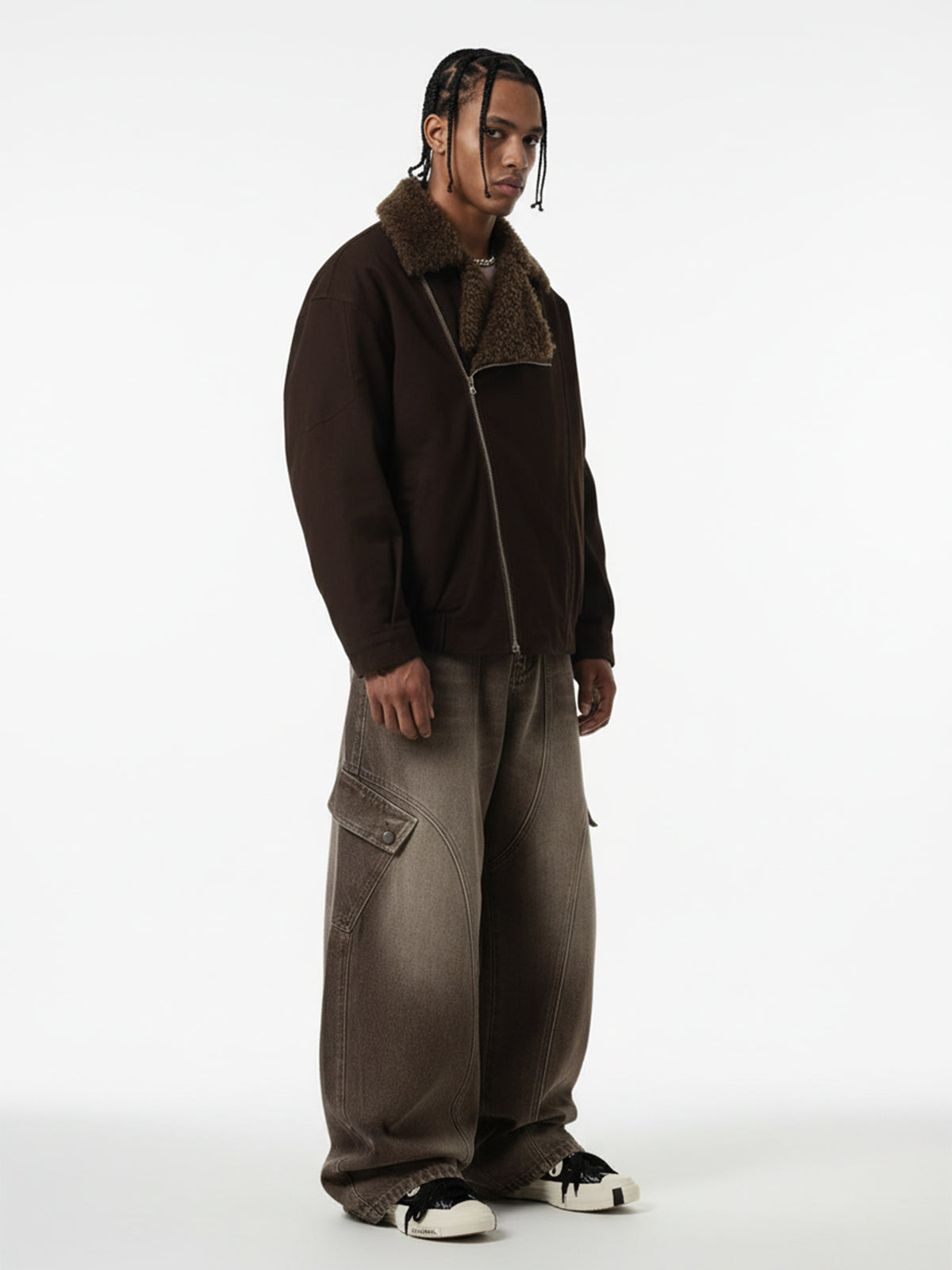 Street Punk Oblique Zipper Lambswool Collar Quilted Jacket 