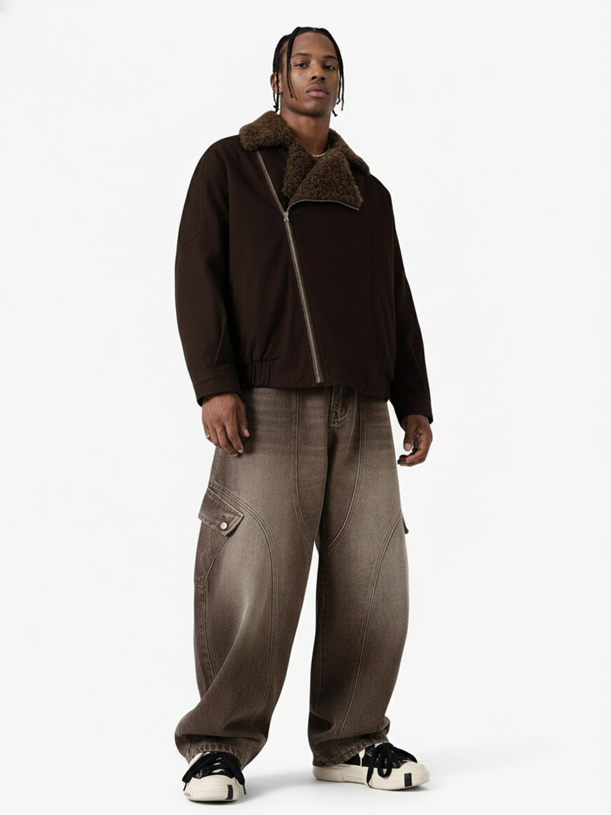 Street Punk Oblique Zipper Lambswool Collar Quilted Jacket 