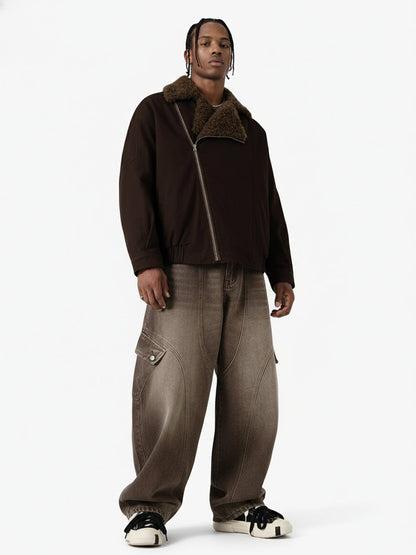 Street Punk Oblique Zipper Lambswool Collar Quilted Jacket 