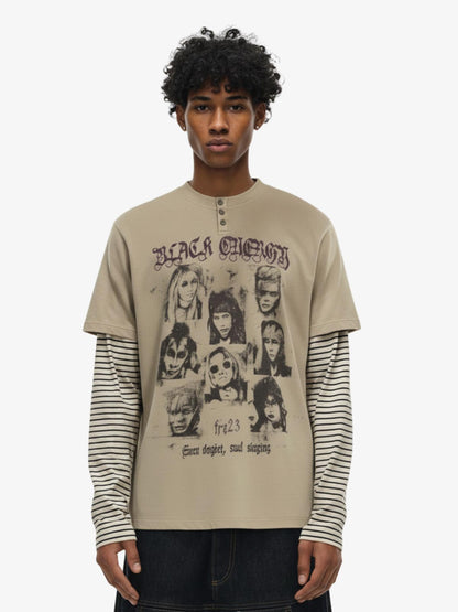 Vintage Band Portrait Graphic Layered Henley T-Shirt