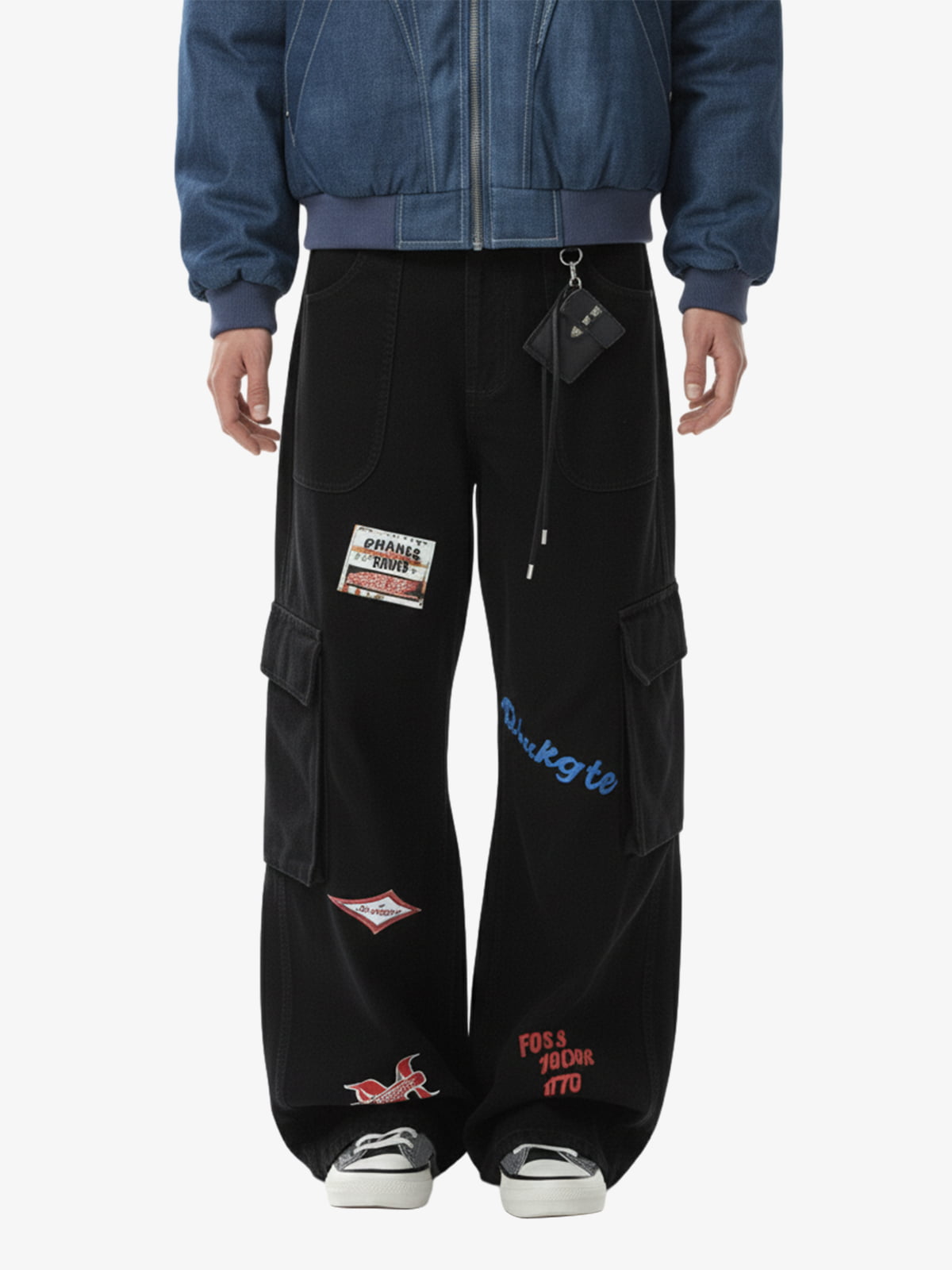Retro Patchwork Graphic Multi-Pocket Flared Cargo Pants 