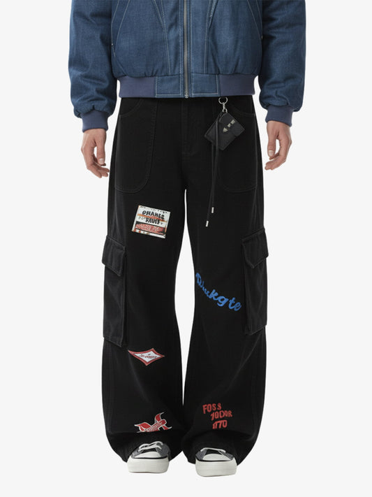 Retro Patchwork Graphic Multi-Pocket Flared Cargo Pants 