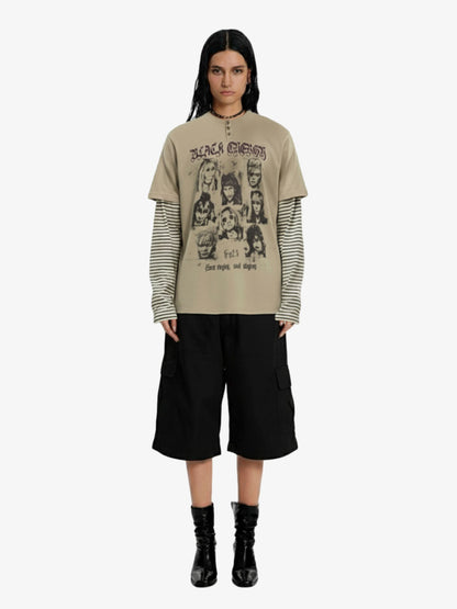 Vintage Band Portrait Graphic Layered Henley T-Shirt