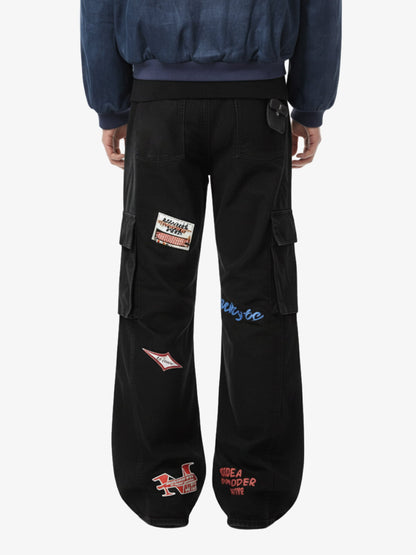 Retro Patchwork Graphic Multi-Pocket Flared Cargo Pants 
