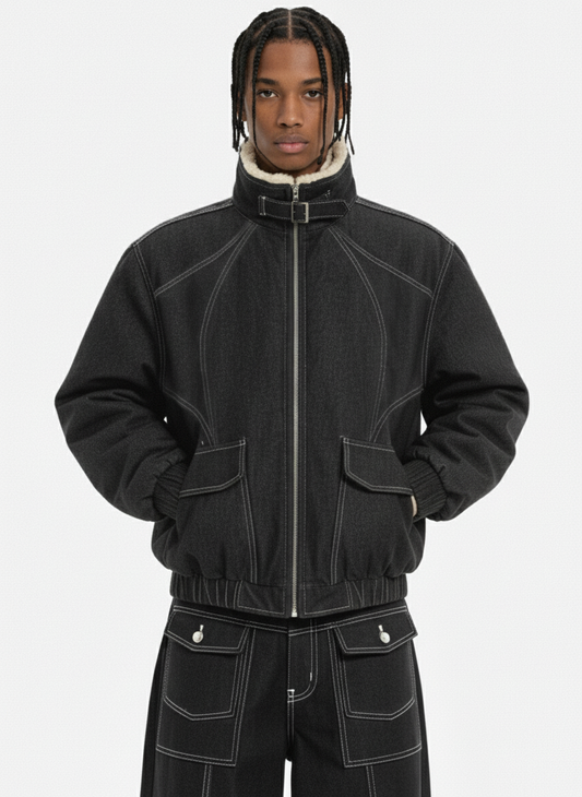 Contrast-Stitch Sherpa-Lined Stand Collar Zip Jacket 