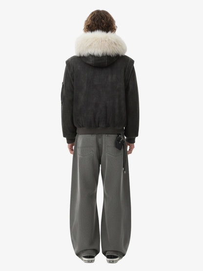 Washed Patchwork Contrast Bomber Jacket 