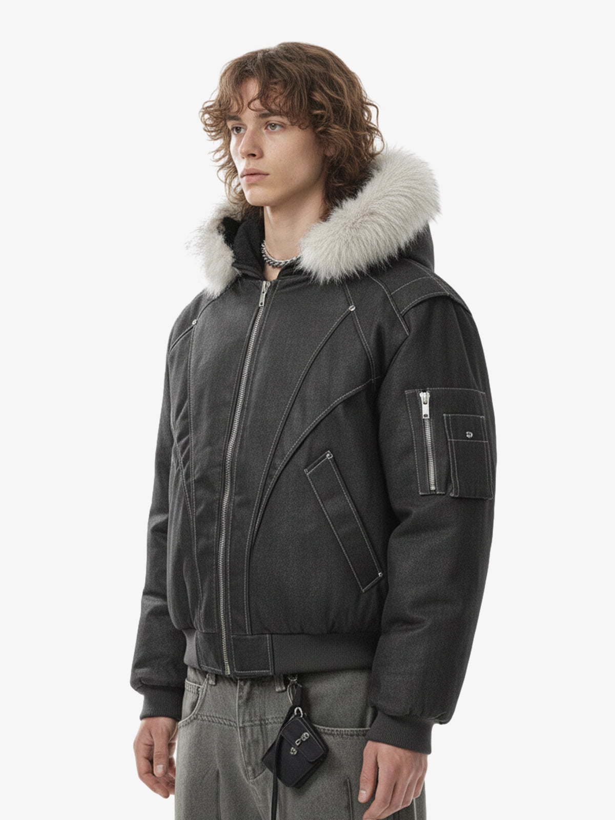 Washed Patchwork Contrast Bomber Jacket 