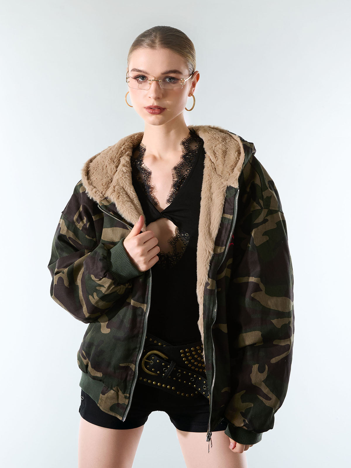 Embroidered Detachable Fur Hooded Jacket - 2546 