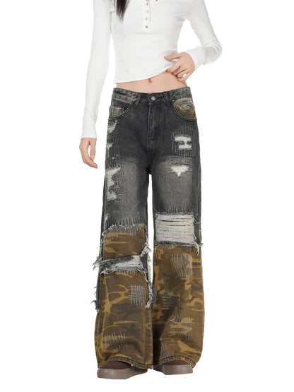 Distressed Camouflage Patchwork Jeans 