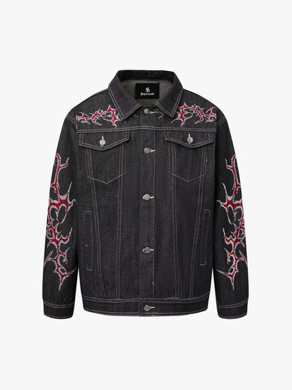 Black Denim Jacket with Red Embroidered Design for Men 