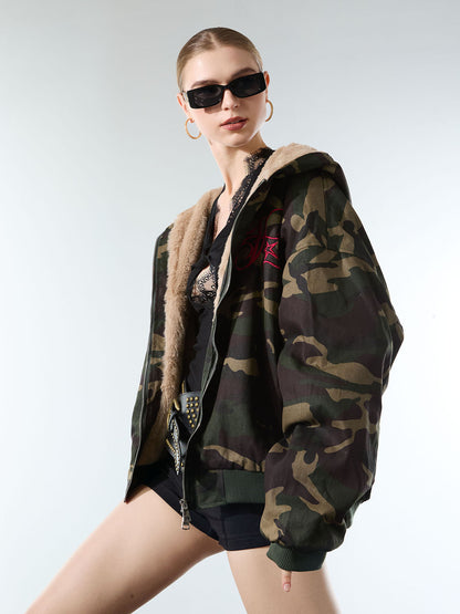 Embroidered Detachable Fur Hooded Jacket - 2546 