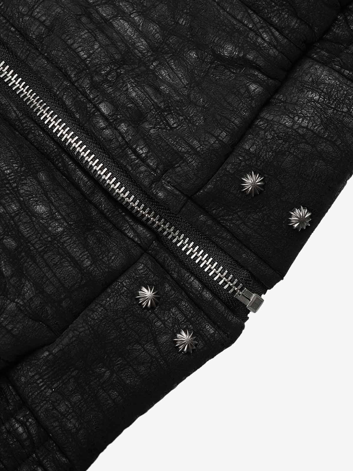 Deconstructed Faux-Fur Trim Stand-Collar PU Leather Coat