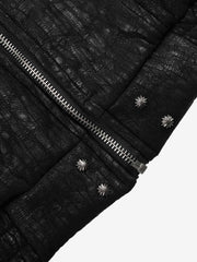 Deconstructed Faux-Fur Trim Stand-Collar PU Leather Coat