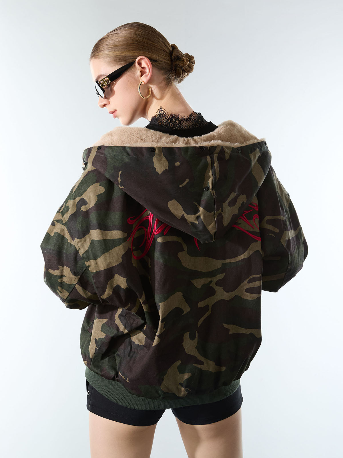 Embroidered Detachable Fur Hooded Jacket - 2546 