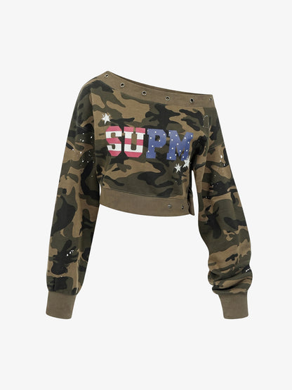 Flag Print Camo Off-Shoulder Cropped Sweatshirt