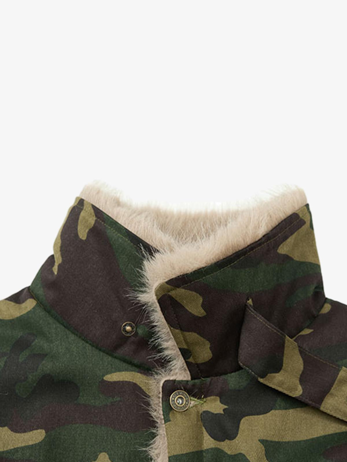 Camouflage Faux Fur Collar Multi-Pocket Utility Jacket 