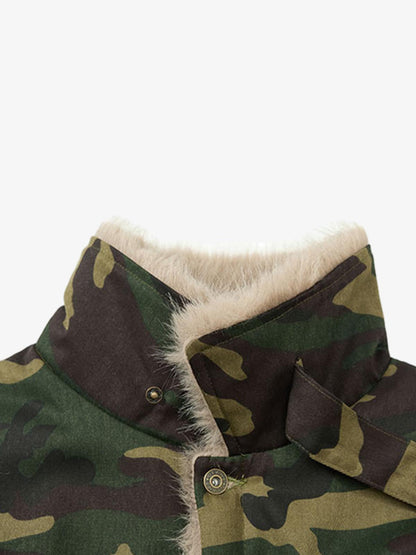 Camouflage Faux Fur Collar Multi-Pocket Utility Jacket 