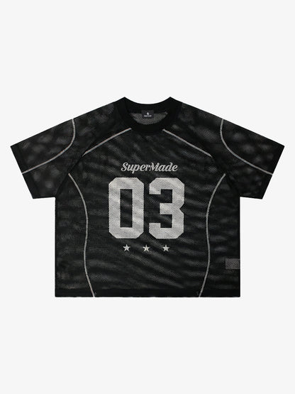 Mesh Jersey T-Shirt with Red Number 03 Print and Stitched Details 
