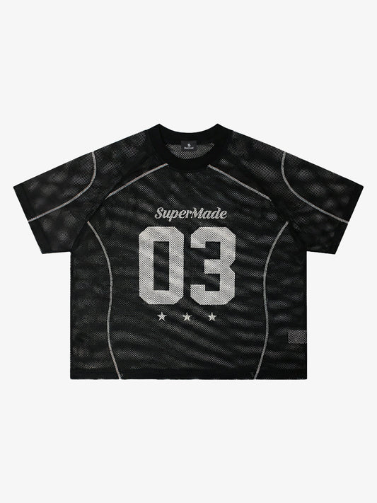 Mesh Jersey T-Shirt with Red Number 03 Print and Stitched Details 