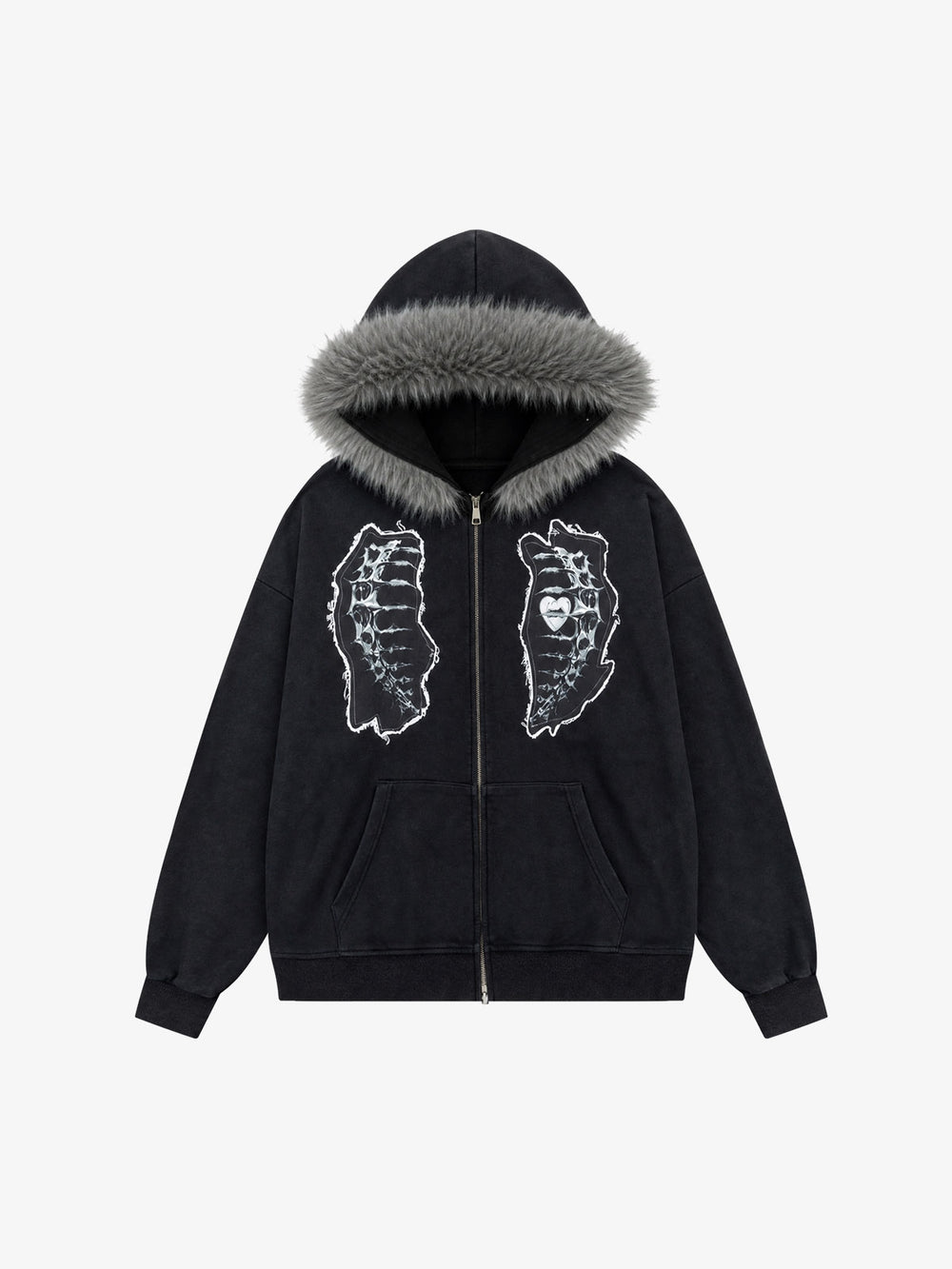 Metal Skeleton Fur Zip-Up Hoodie