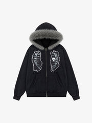 Metal Skeleton Fur Zip-Up Hoodie