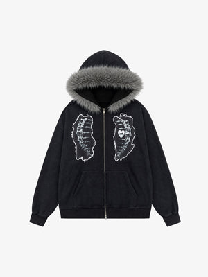 Metal Skeleton Fur Zip-Up Hoodie