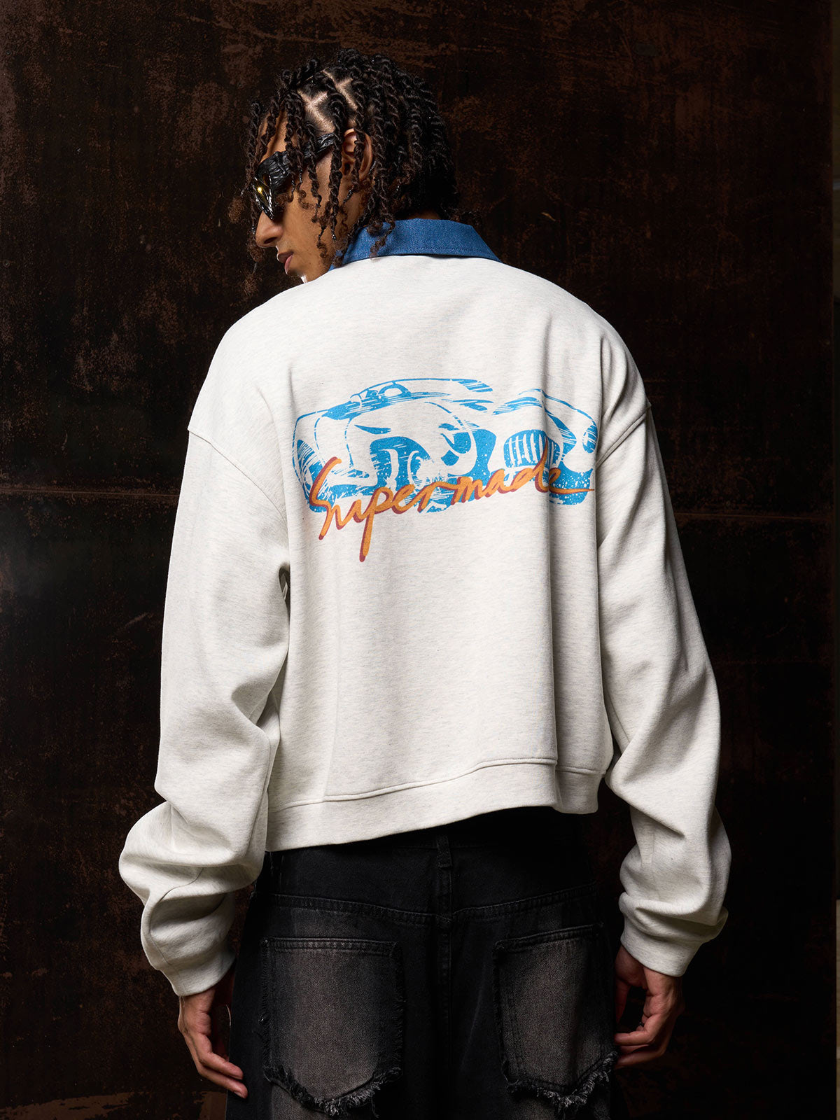 Original Denim Lapel Patchwork Sweatshirt 