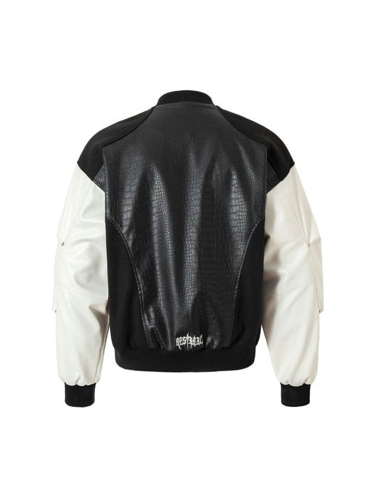 Gothic Cross Embroidery Crocodile Leather Bomber Jacket 