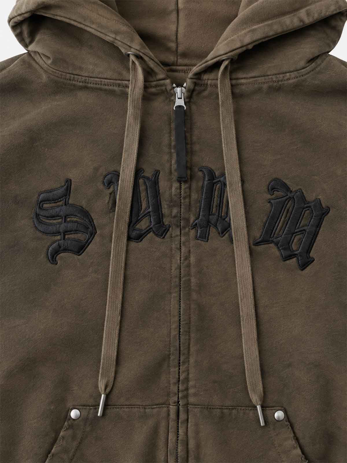Embroidered Washed Distressed Hoodie & Wide-Leg Pants Set