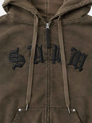 Embroidered Washed Distressed Hoodie & Wide-Leg Pants Set
