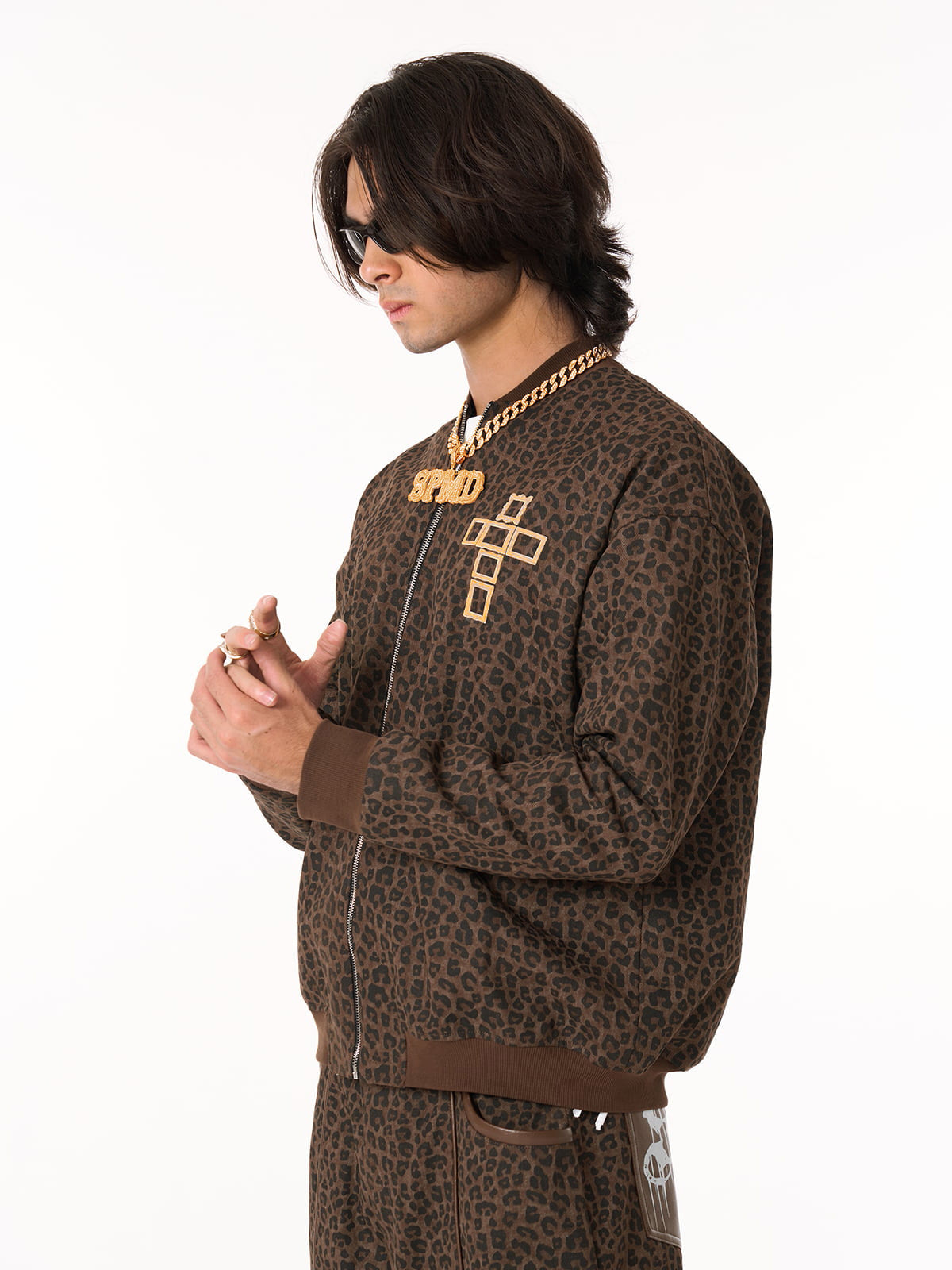Cross Frame Leopard Print Baseball Jacket 