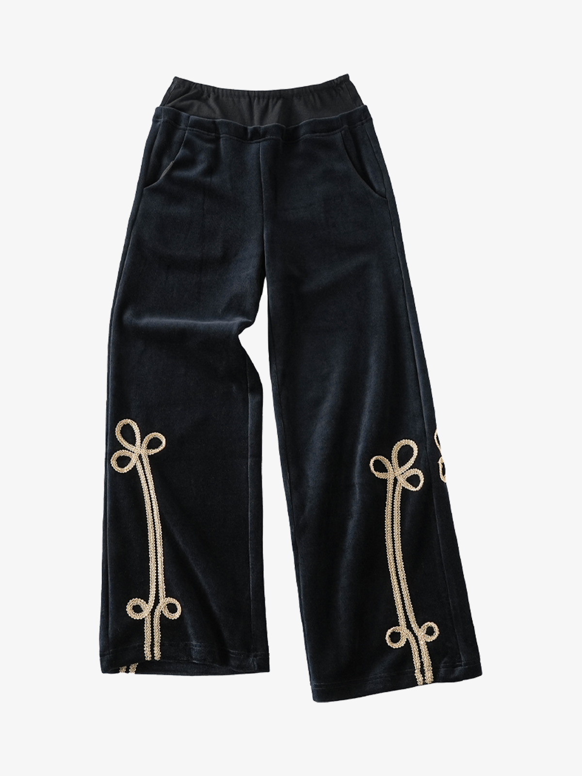 Gold Braid Embellished Plush Zip Hoodie & Wide-Leg Pants Set