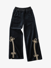 Gold Braid Embellished Plush Zip Hoodie & Wide-Leg Pants Set