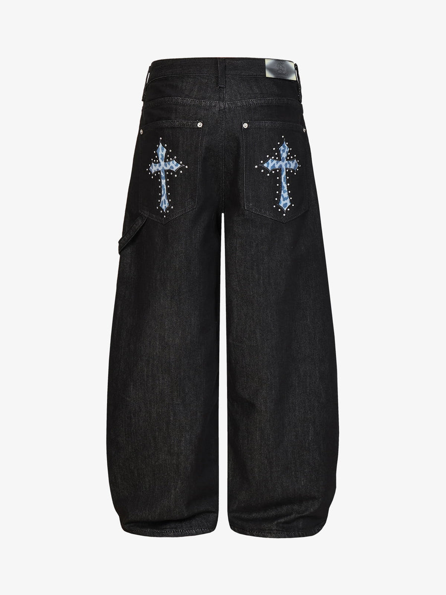 Cross Leopard Embroidered Pocket Baggy Jeans