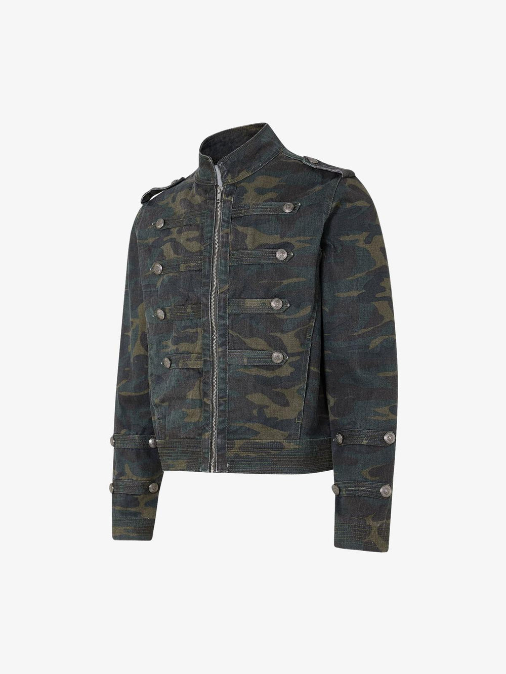 Distressed Camo Snap-Button Stand-Collar Jacket