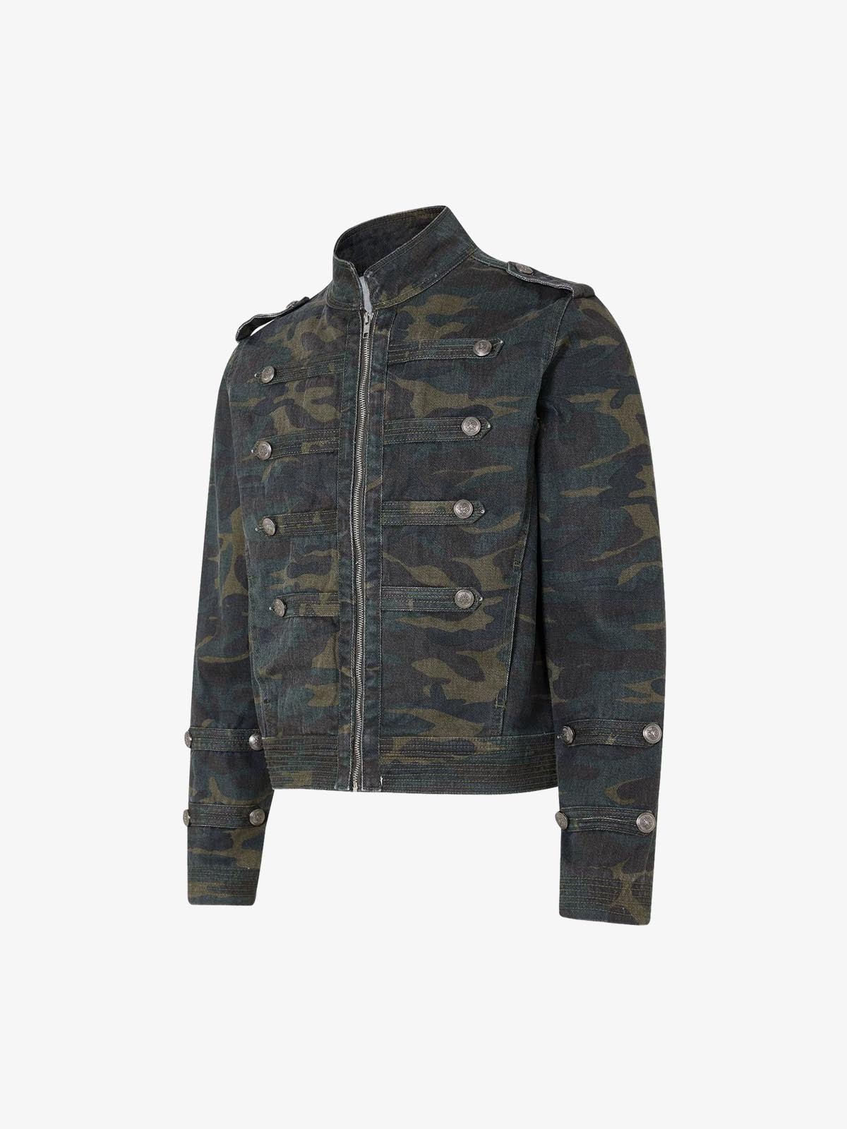 Distressed Camo Snap-Button Stand-Collar Jacket